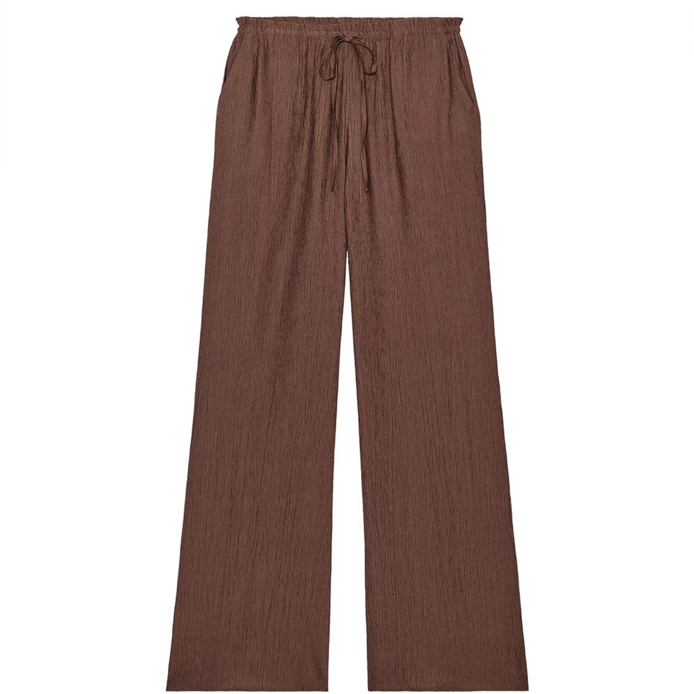 Zara NWT textured weave tan brown wide leg pants